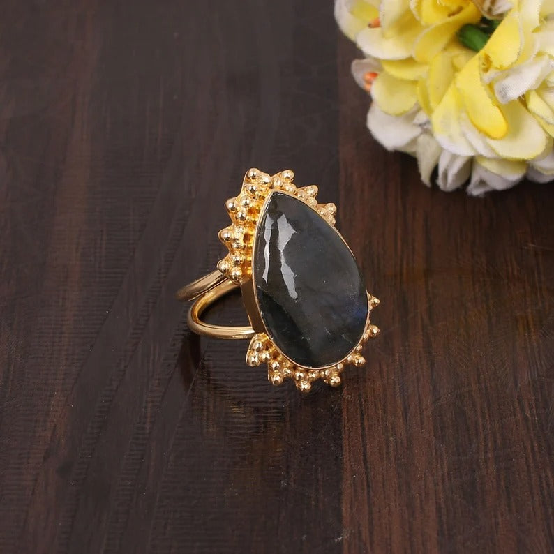 Labradorite Gemstone Gold Plated Brass Ring