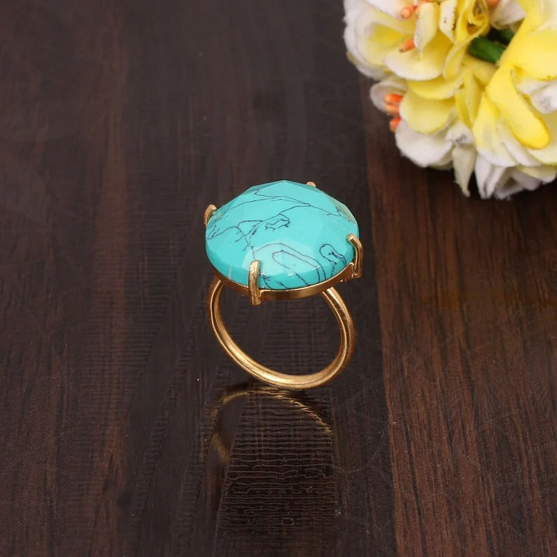 Yellow Gold Turquoise Statement Gold Plated Brass Ring