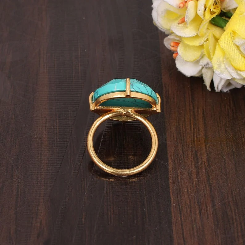 Yellow Gold Turquoise Statement Gold Plated Brass Ring