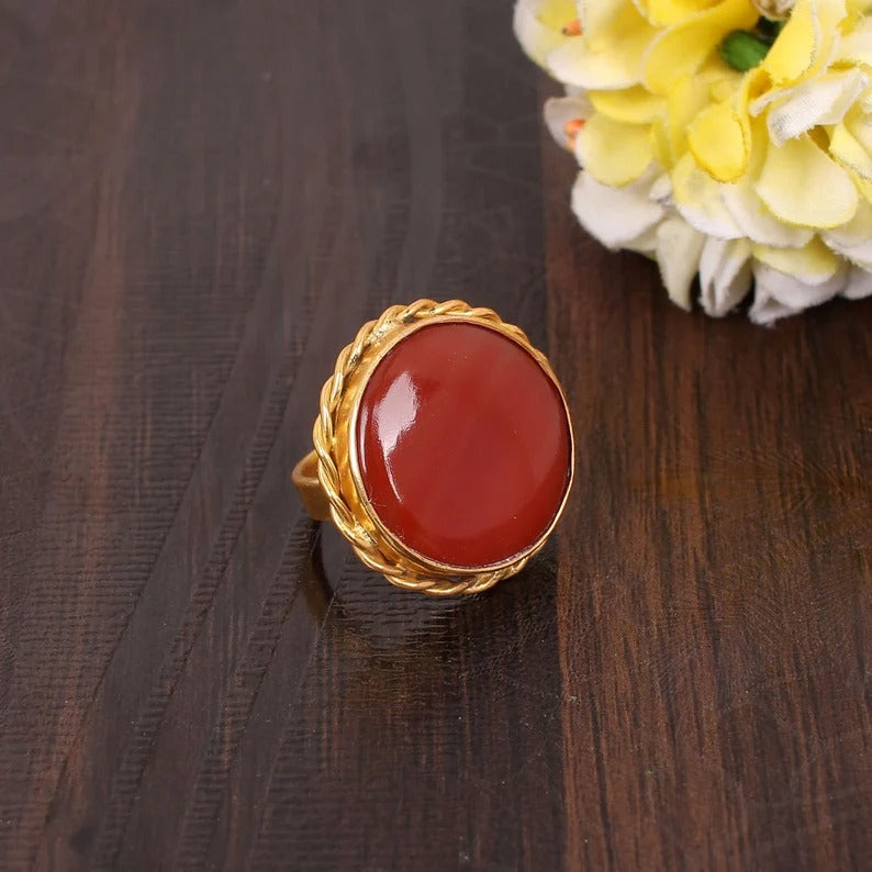 Natural Red Sardonyx Gemstone Gold Plated Brass Ring