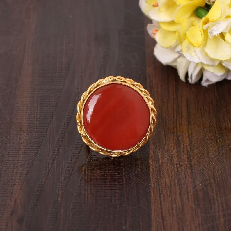 Natural Red Sardonyx Gemstone Gold Plated Brass Ring