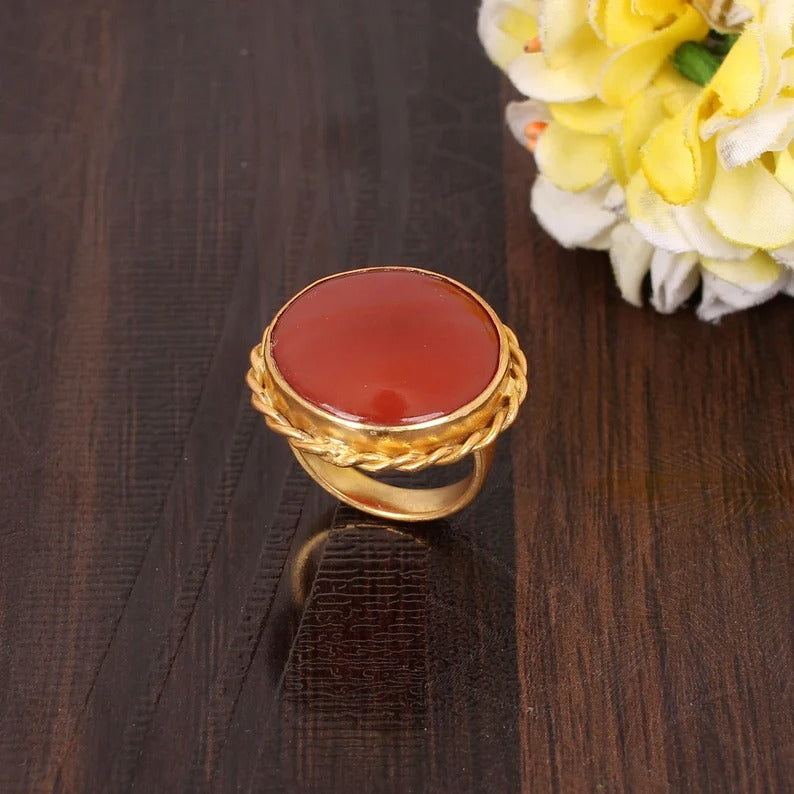 Natural Red Sardonyx Gemstone Gold Plated Brass Ring