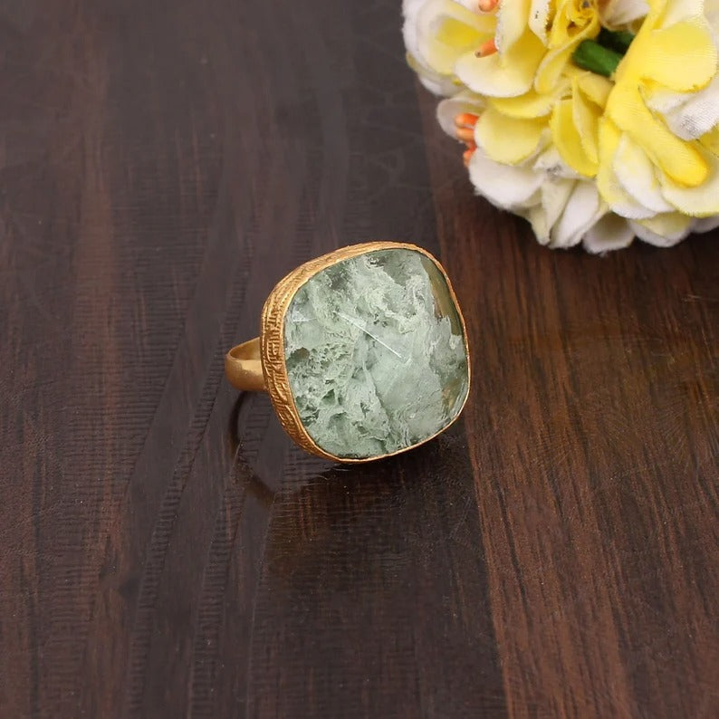 Aqua Crackle Brass Statement Ring