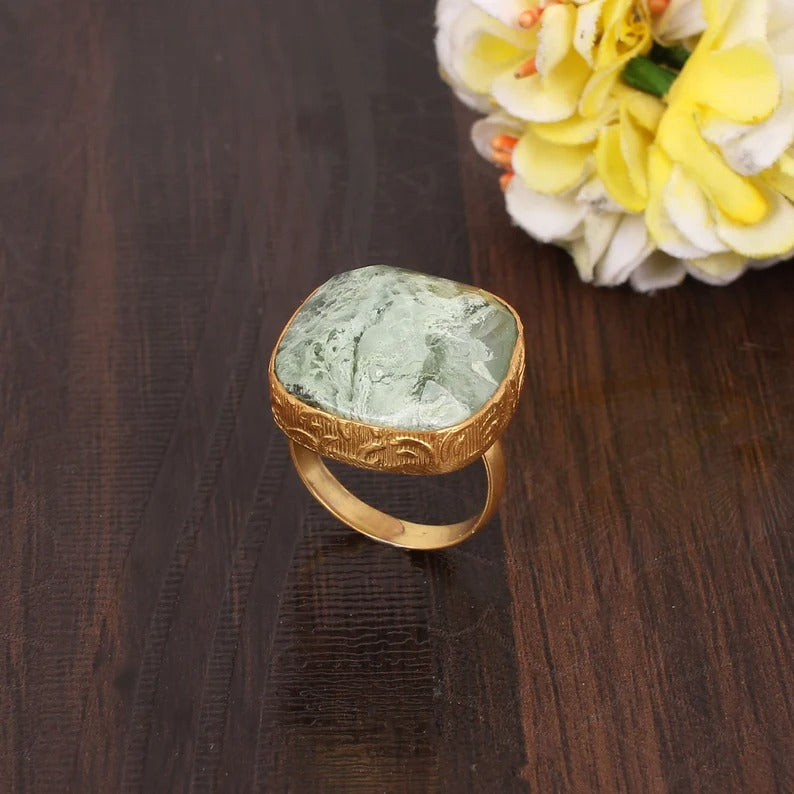 Aqua Crackle Brass Statement Ring