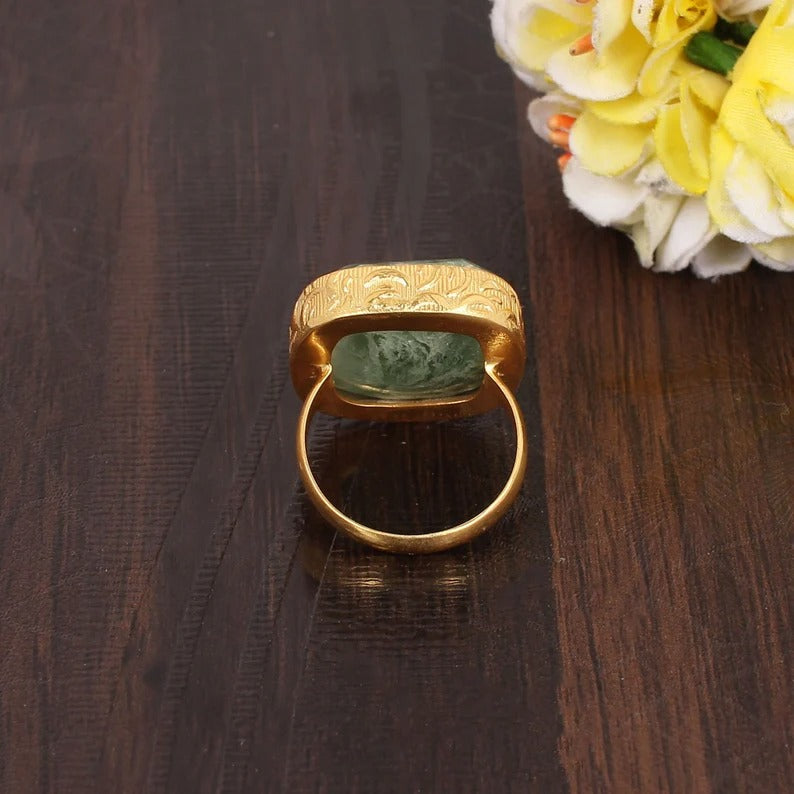 Aqua Crackle Brass Statement Ring