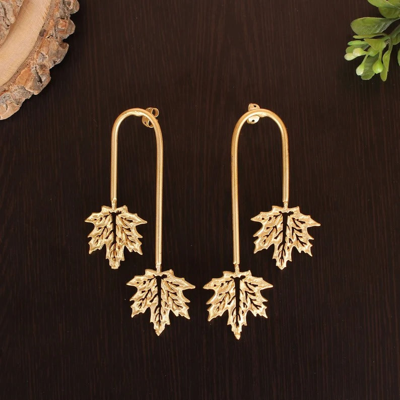 Autumn Antique Leaf Design Brass Earrings