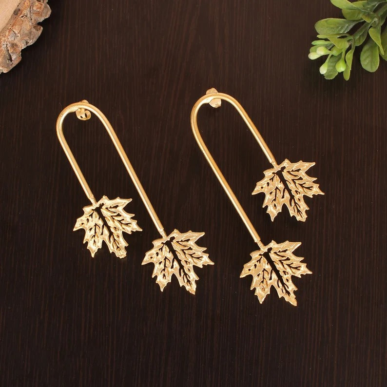 Autumn Antique Leaf Design Brass Earrings