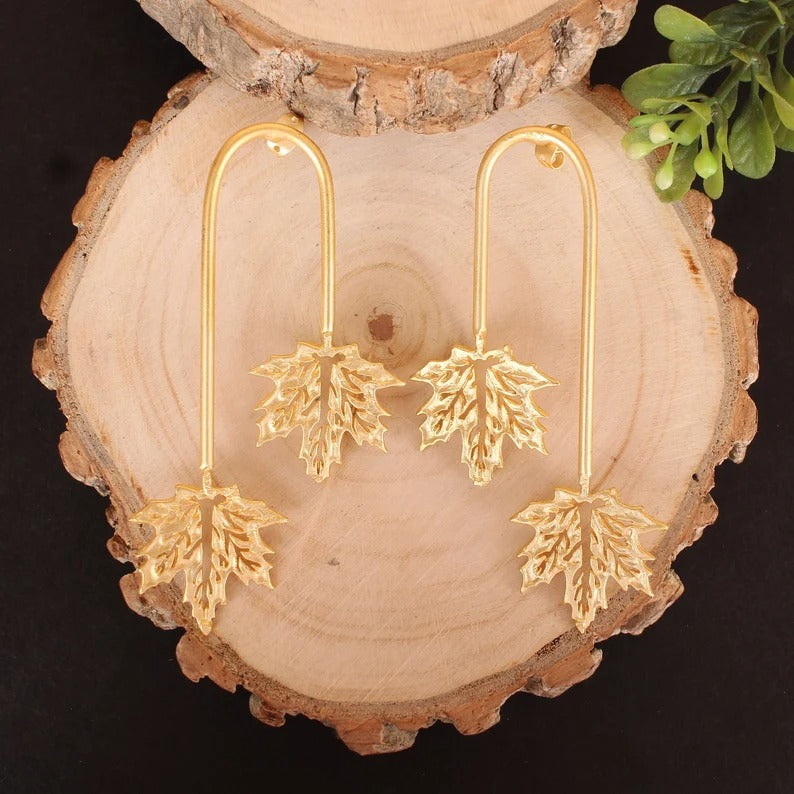 Autumn Antique Leaf Design Brass Earrings