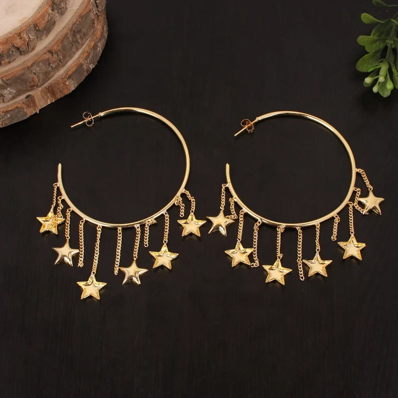 Plain Gold Plated Brass Long Dangle Circle Star Earrings