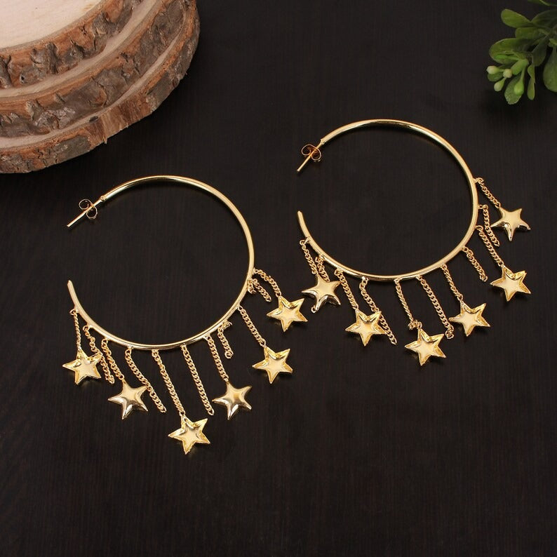 Plain Gold Plated Brass Long Dangle Circle Star Earrings