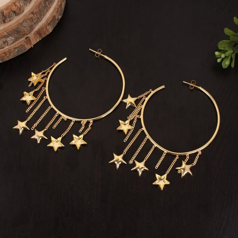 Plain Gold Plated Brass Long Dangle Circle Star Earrings