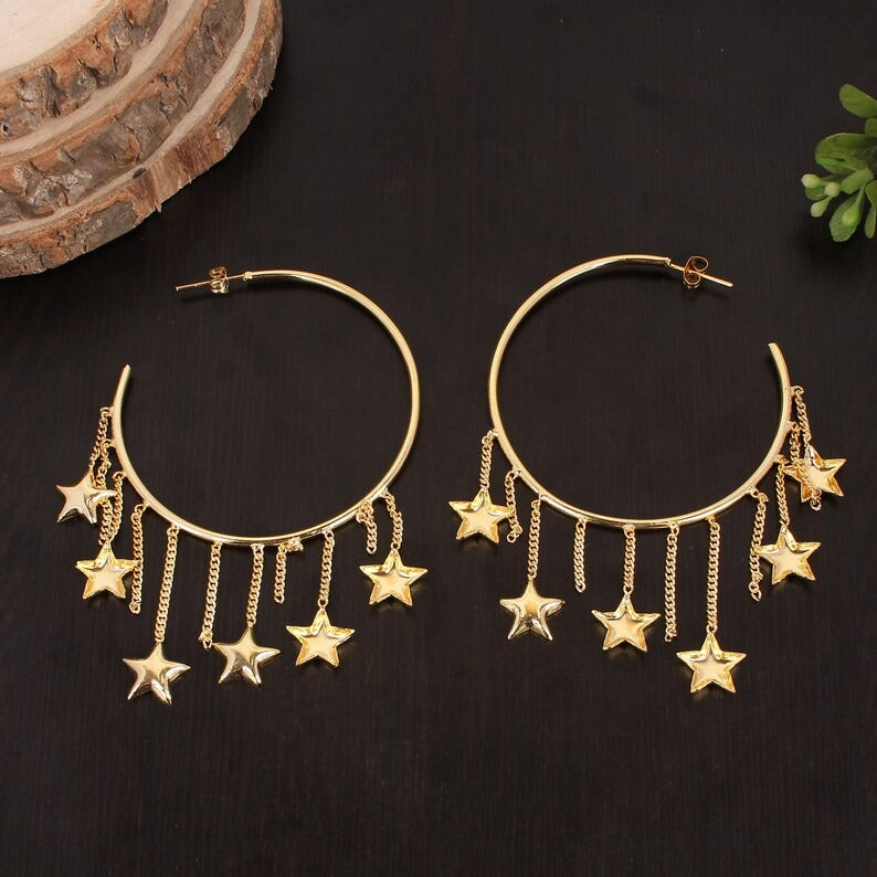 Plain Gold Plated Brass Long Dangle Circle Star Earrings