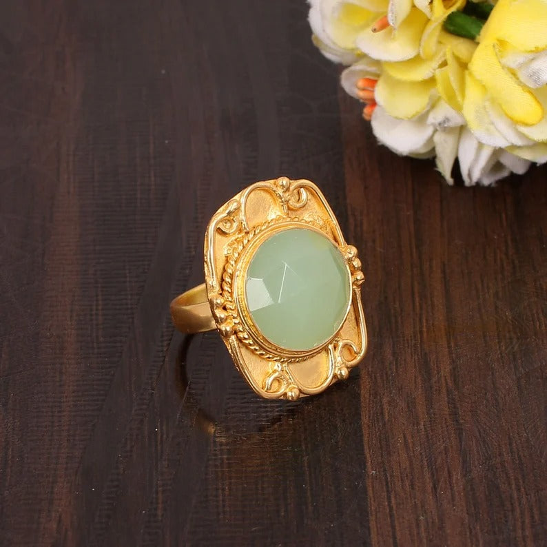 Prehnite Chalcedony Gemstone Gold Plated Brass Ring