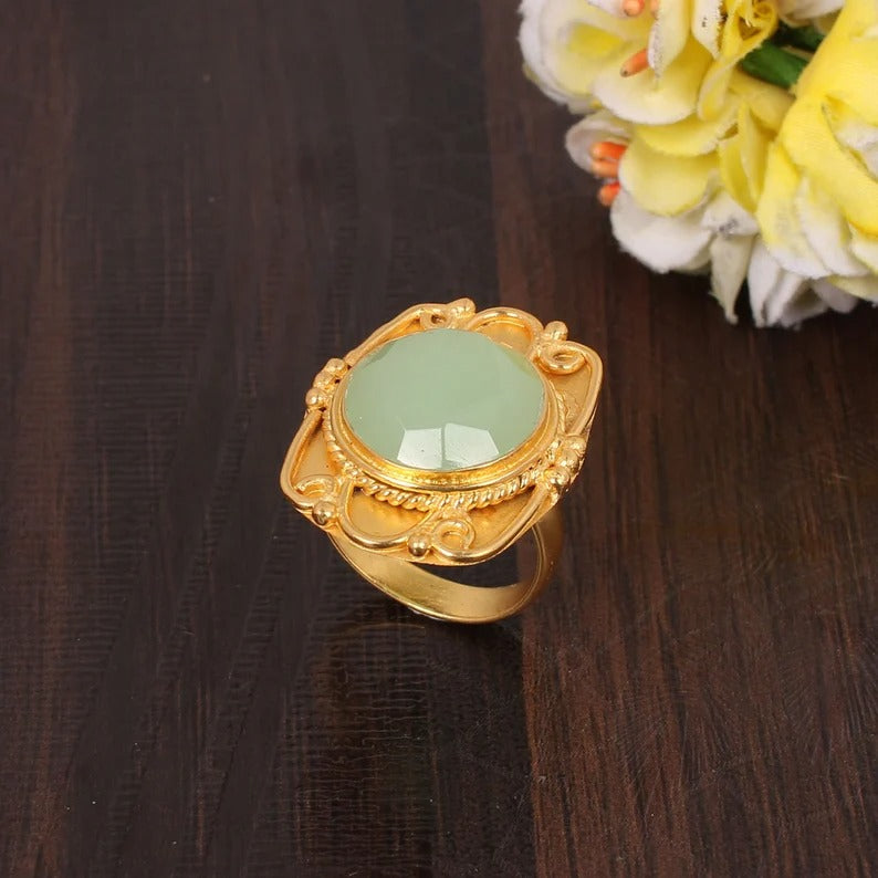 Prehnite Chalcedony Gemstone Gold Plated Brass Ring