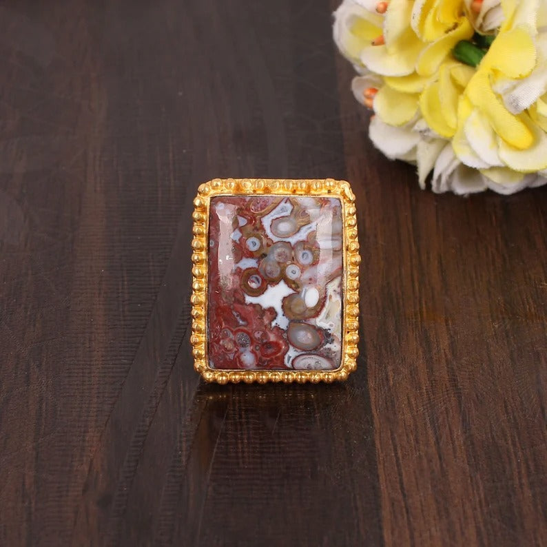 Natural Crazy Lace Agate Rectangle Gemstone Brass Ring