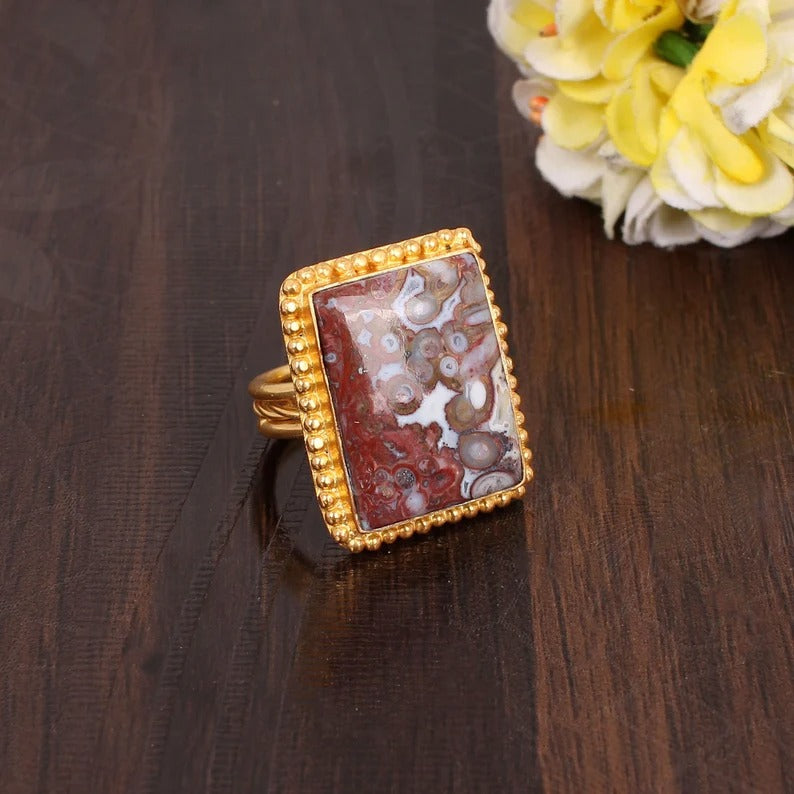 Natural Crazy Lace Agate Rectangle Gemstone Brass Ring