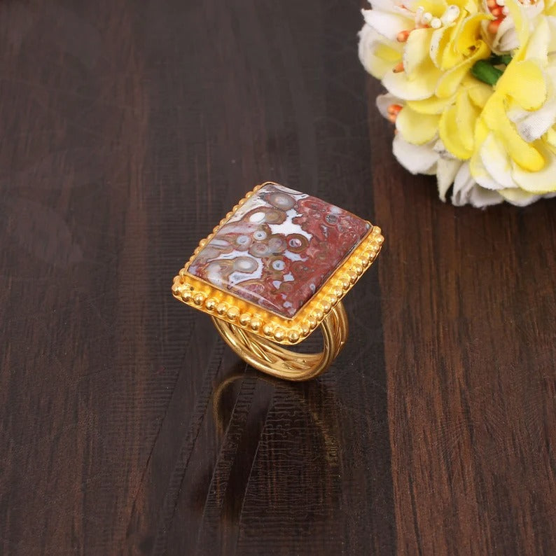 Natural Crazy Lace Agate Rectangle Gemstone Brass Ring