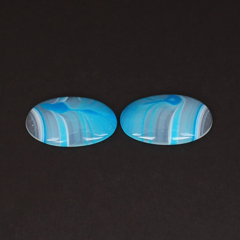 Natural Blue Agate 38X23 MM Loose Gemstone Pair Cabochon