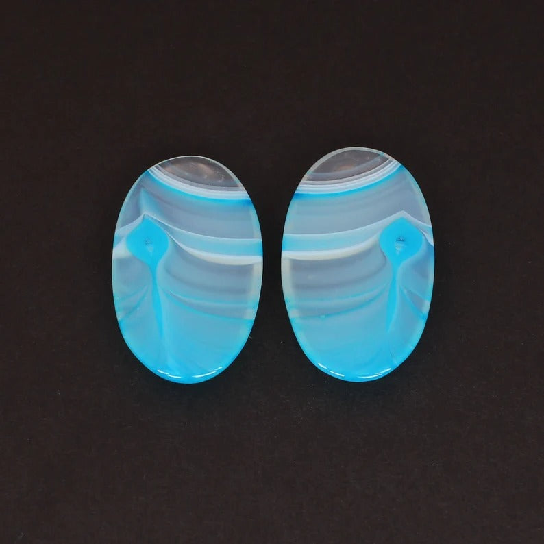 Natural Blue Agate 38X23 MM Loose Gemstone Pair Cabochon