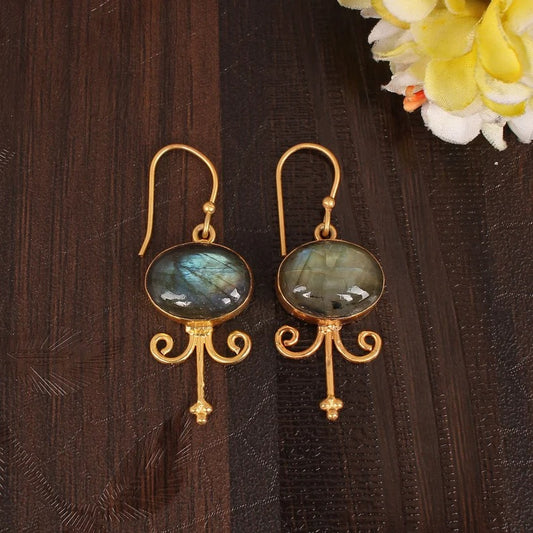 Blue Fire Labradorite Gold Plated Brass Earrings