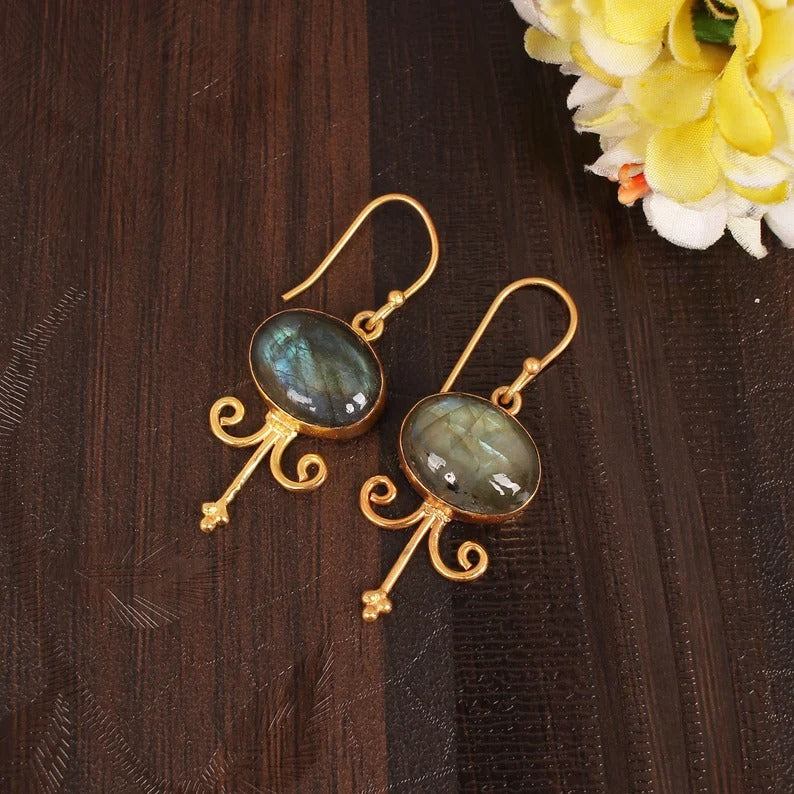 Blue Fire Labradorite Gold Plated Brass Earrings