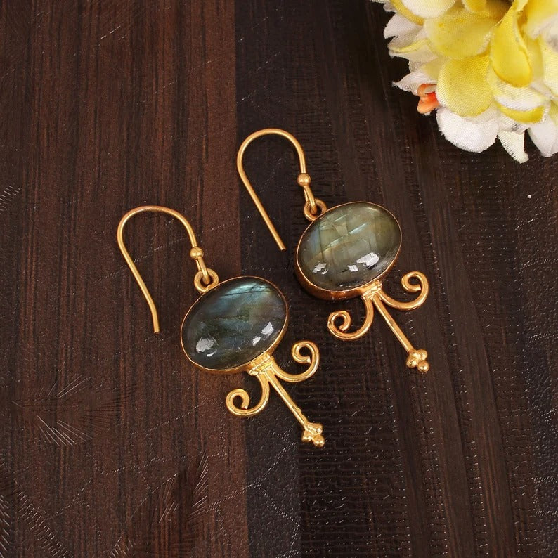 Blue Fire Labradorite Gold Plated Brass Earrings