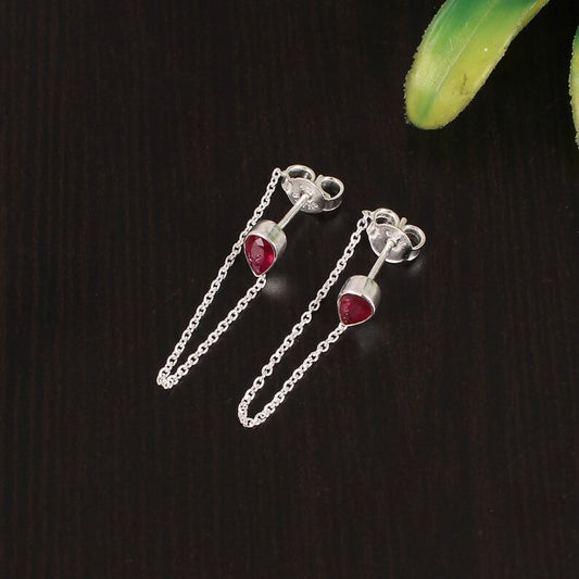 92.5 Sterling Silver Dainty Ruby Chain Earring