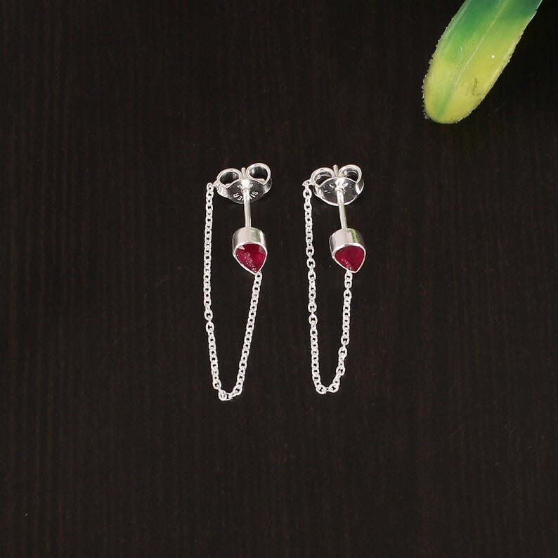 92.5 Sterling Silver Dainty Ruby Chain Earring