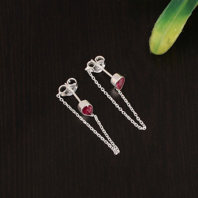 92.5 Sterling Silver Dainty Ruby Chain Earring