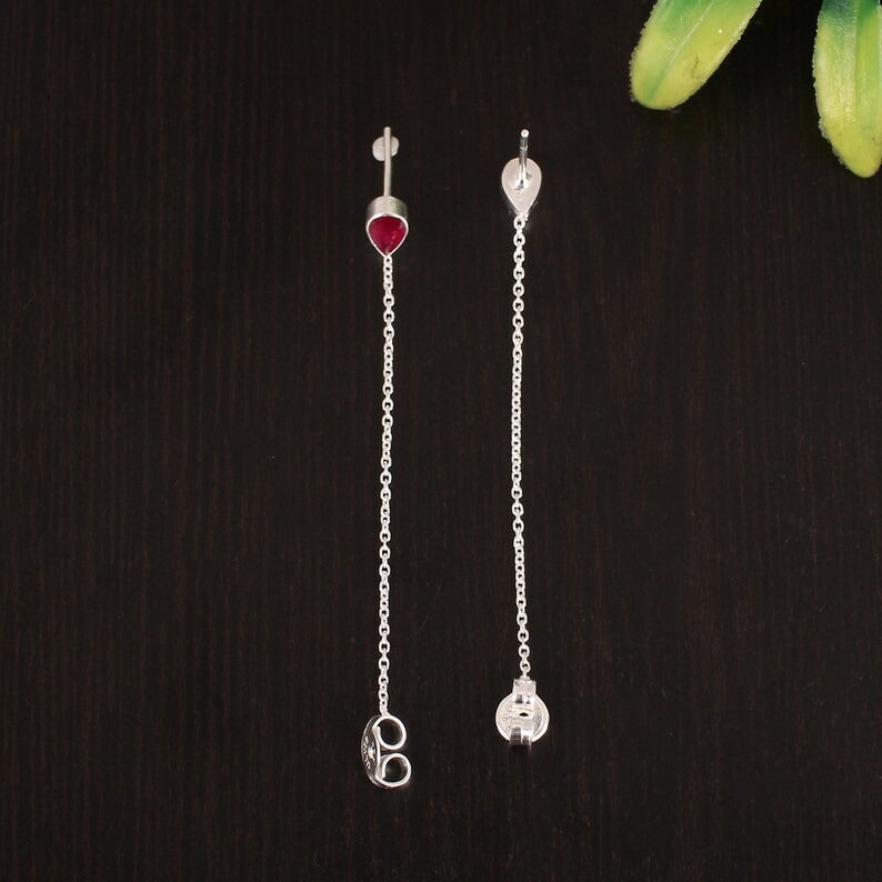 92.5 Sterling Silver Dainty Ruby Chain Earring