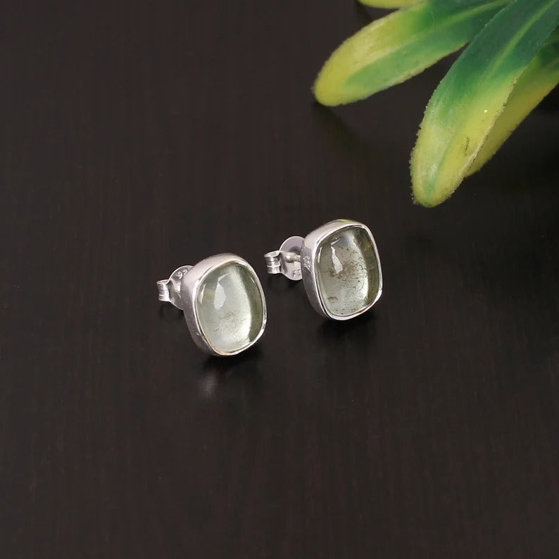 92.5 Sterling Silver Natural Green Amethyst Stud Earrings