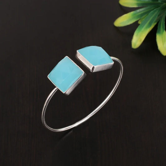 92.5 Sterling Silver Aqua Chalcedony Adjustable Bangle