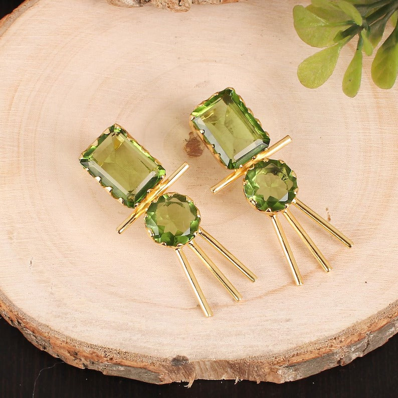Peridot Gemstone Gold Plated Brass Earrings