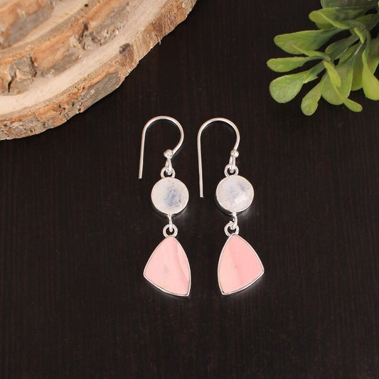 92.5 Sterling Silver Rainbow Moonstone & Natural Pink Opal Earring