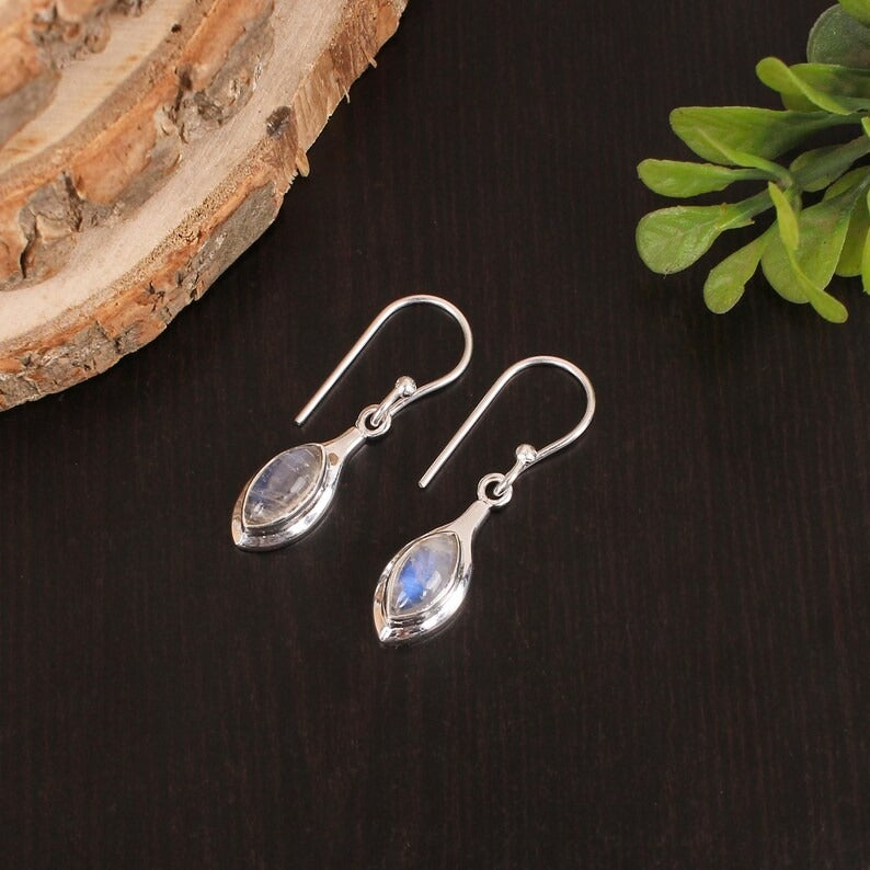 925 Sterling Silver Blue Fire Rainbow Moonstone Earrings