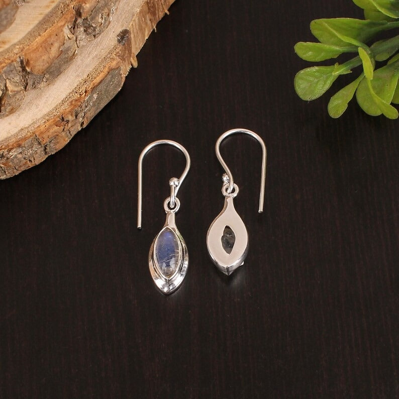 925 Sterling Silver Blue Fire Rainbow Moonstone Earrings