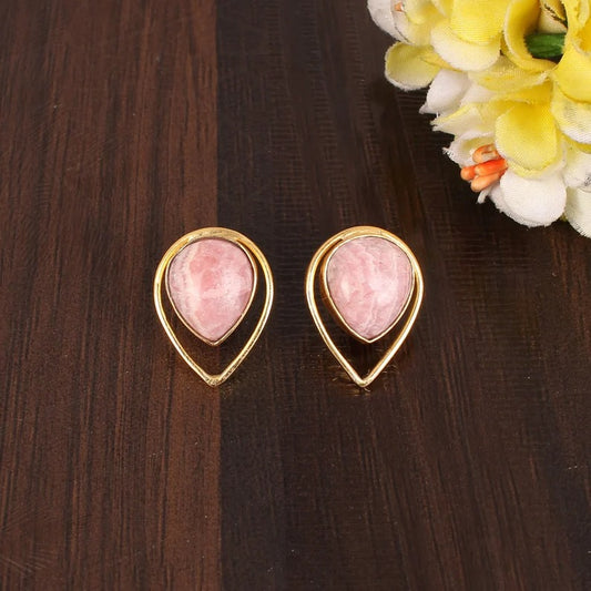 Rhodochrosite Gemstone Gold Plated Brass Earring