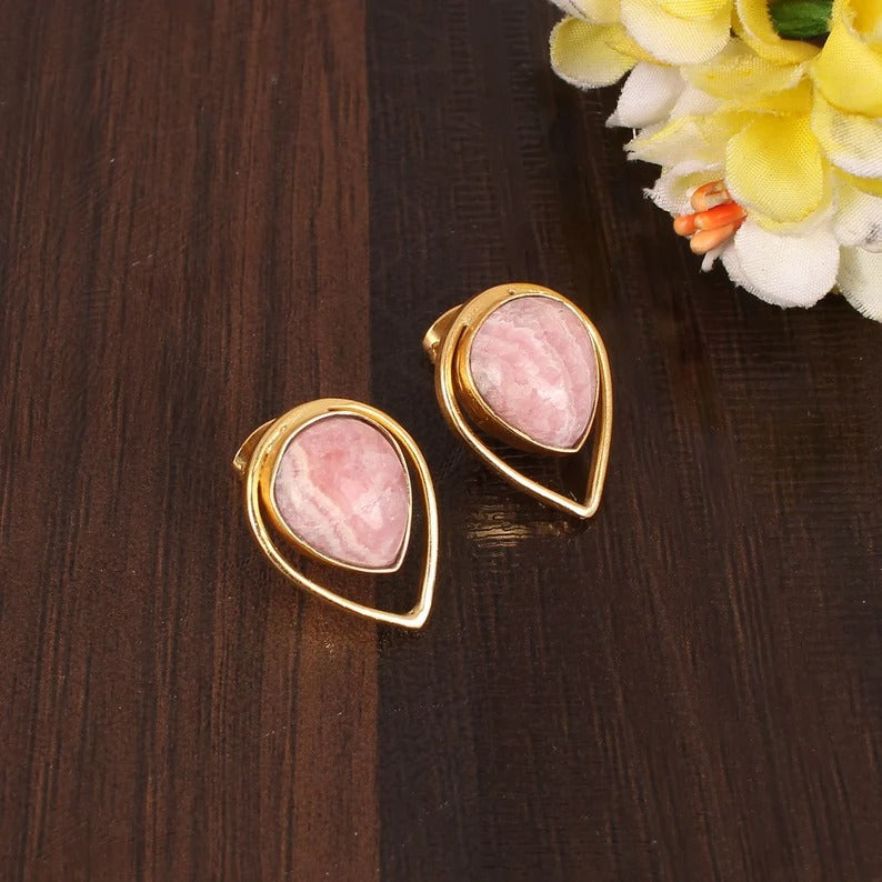 Rhodochrosite Gemstone Gold Plated Brass Earring