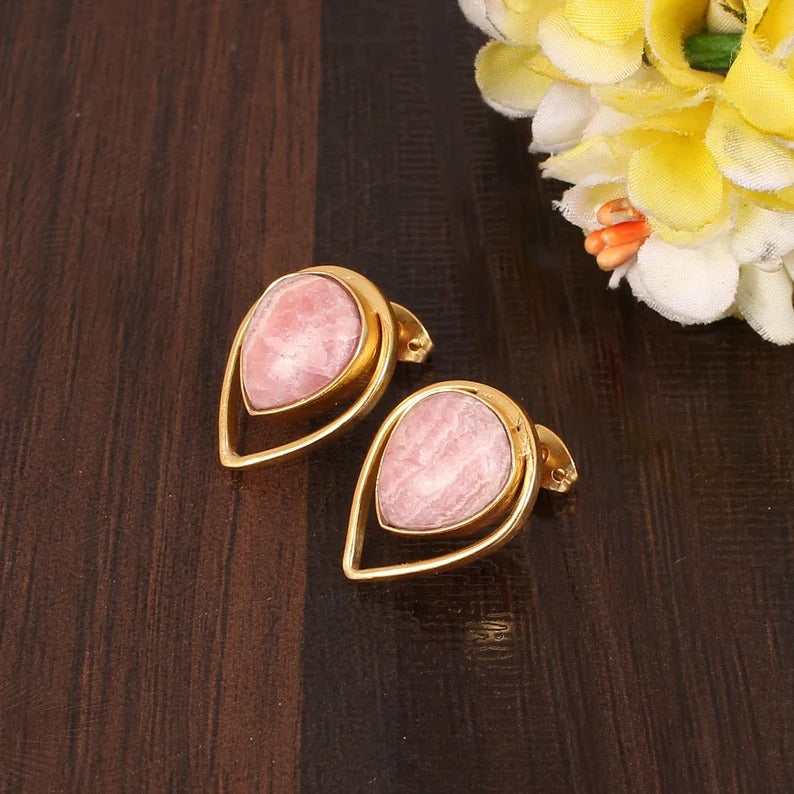 Rhodochrosite Gemstone Gold Plated Brass Earring