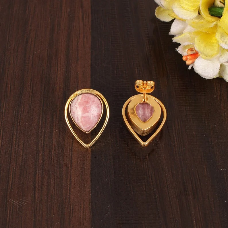 Rhodochrosite Gemstone Gold Plated Brass Earring