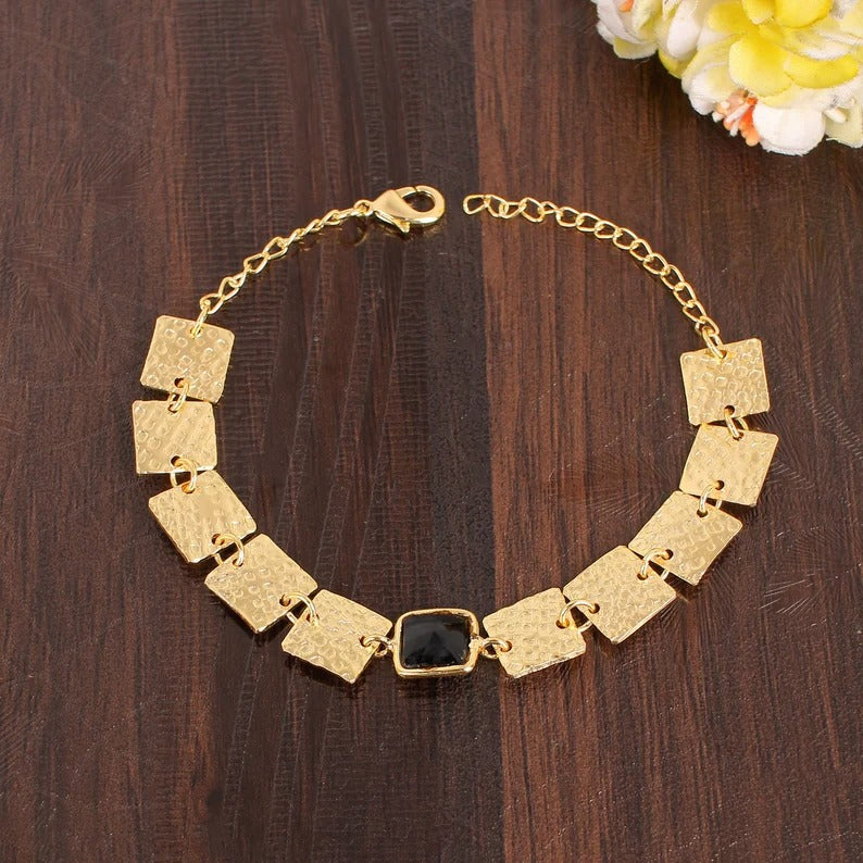 Black Onyx Gemstone Gold Plated Brass Bracelet