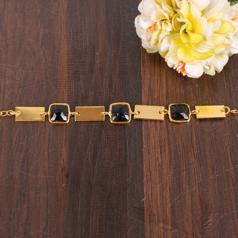 Black Onyx Gemstone Gold Plated Brass Bracelet