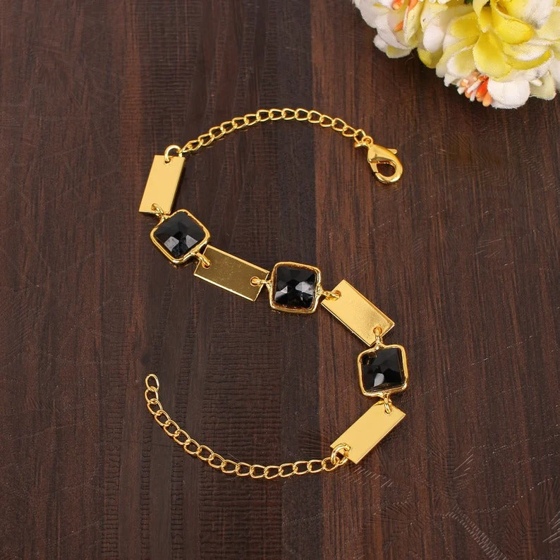 Black Onyx Gemstone Gold Plated Brass Bracelet