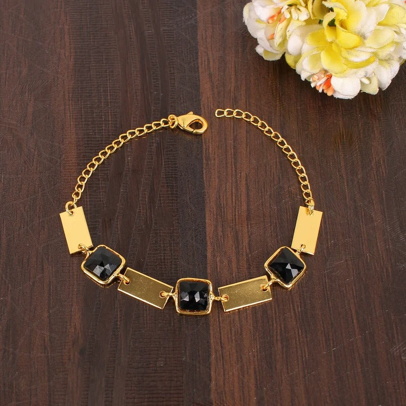 Black Onyx Gemstone Gold Plated Brass Bracelet