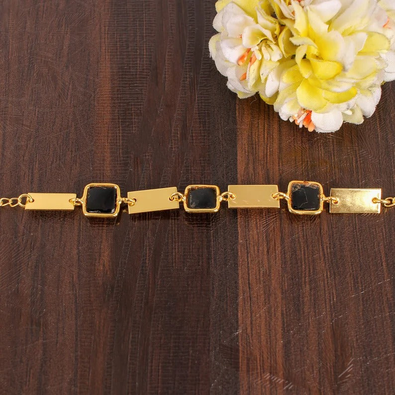 Black Onyx Gemstone Gold Plated Brass Bracelet