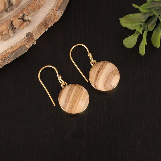 Picture Jasper Gemstone Gold Plated Brass Earrings