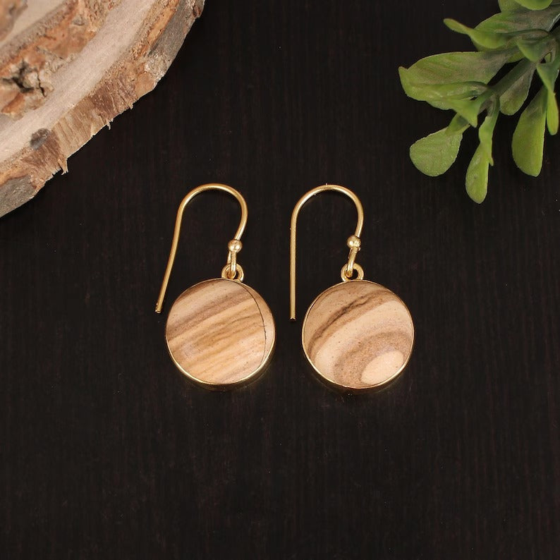 Picture Jasper Gemstone Gold Plated Brass Earrings