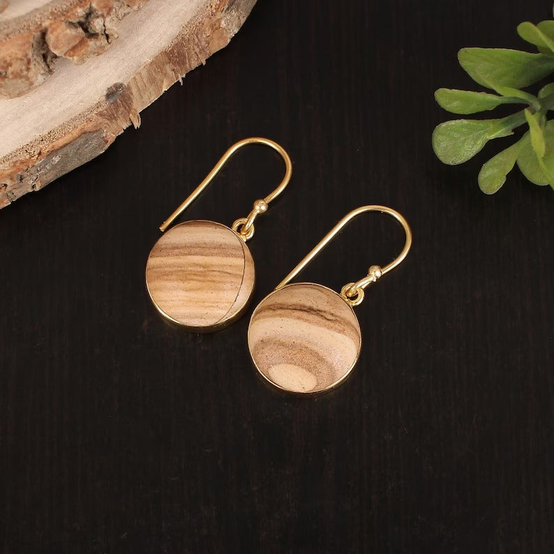 Picture Jasper Gemstone Gold Plated Brass Earrings