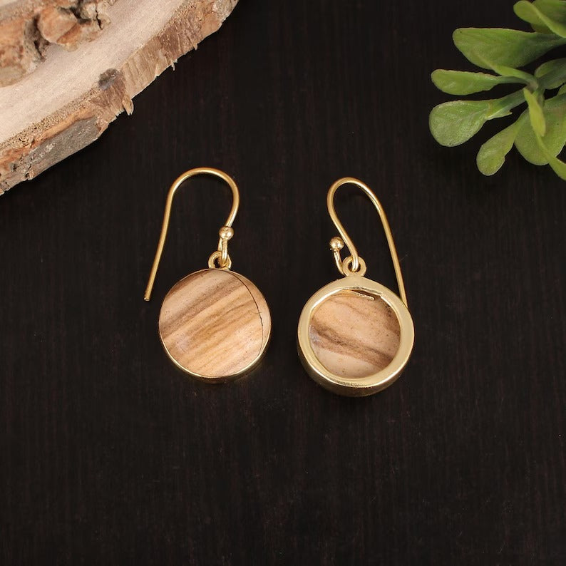 Picture Jasper Gemstone Gold Plated Brass Earrings