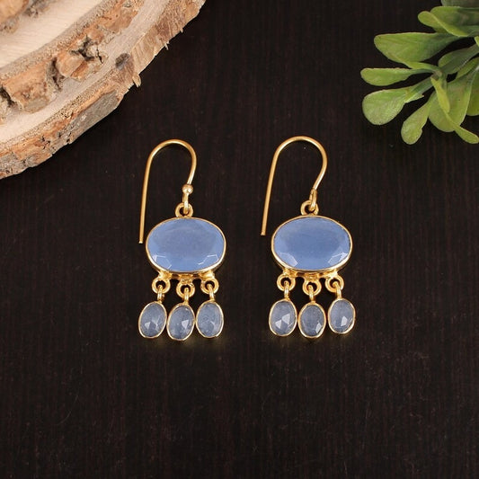 Blue Chalcedony Brass Earrings